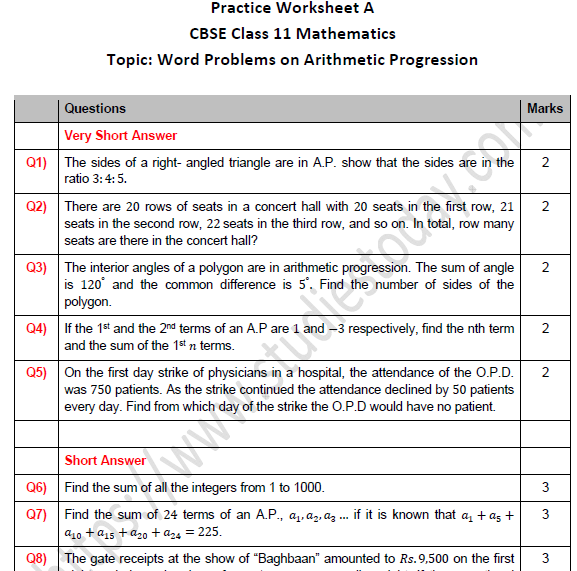 Arithmetic Progression Worksheet Class 10 Pdf Sara Battle s Math 